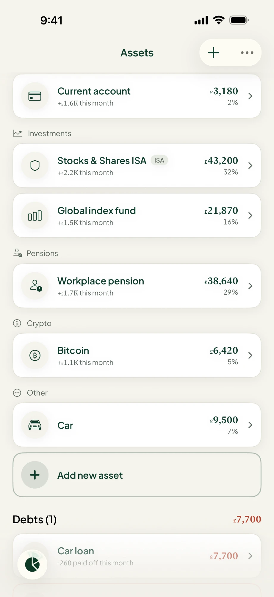 Assets list with investments, pensions, crypto and debts